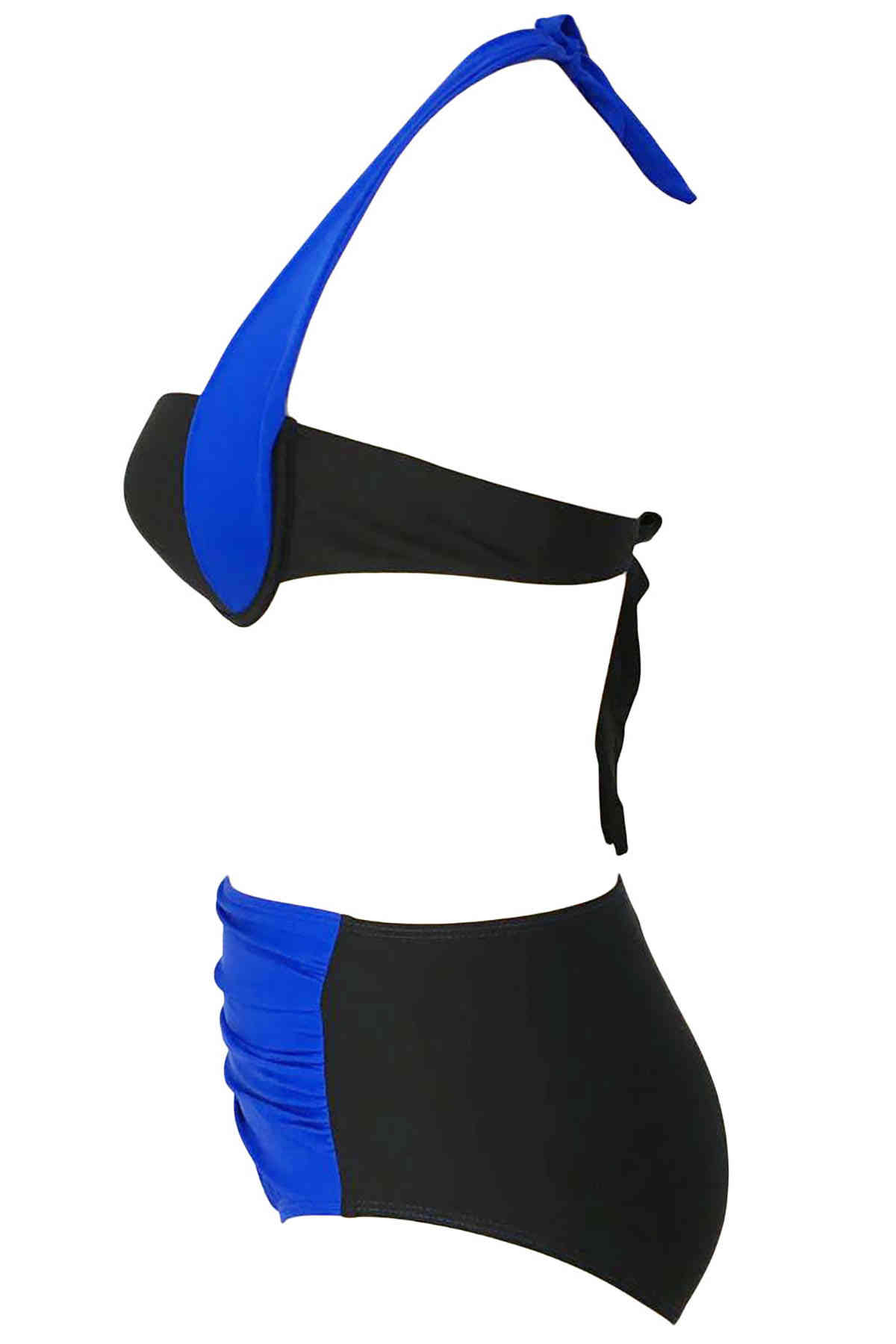 Angelsin Kaplı Mavi Siyah Şık Tasarımlı Yüksek Bel Bikini
