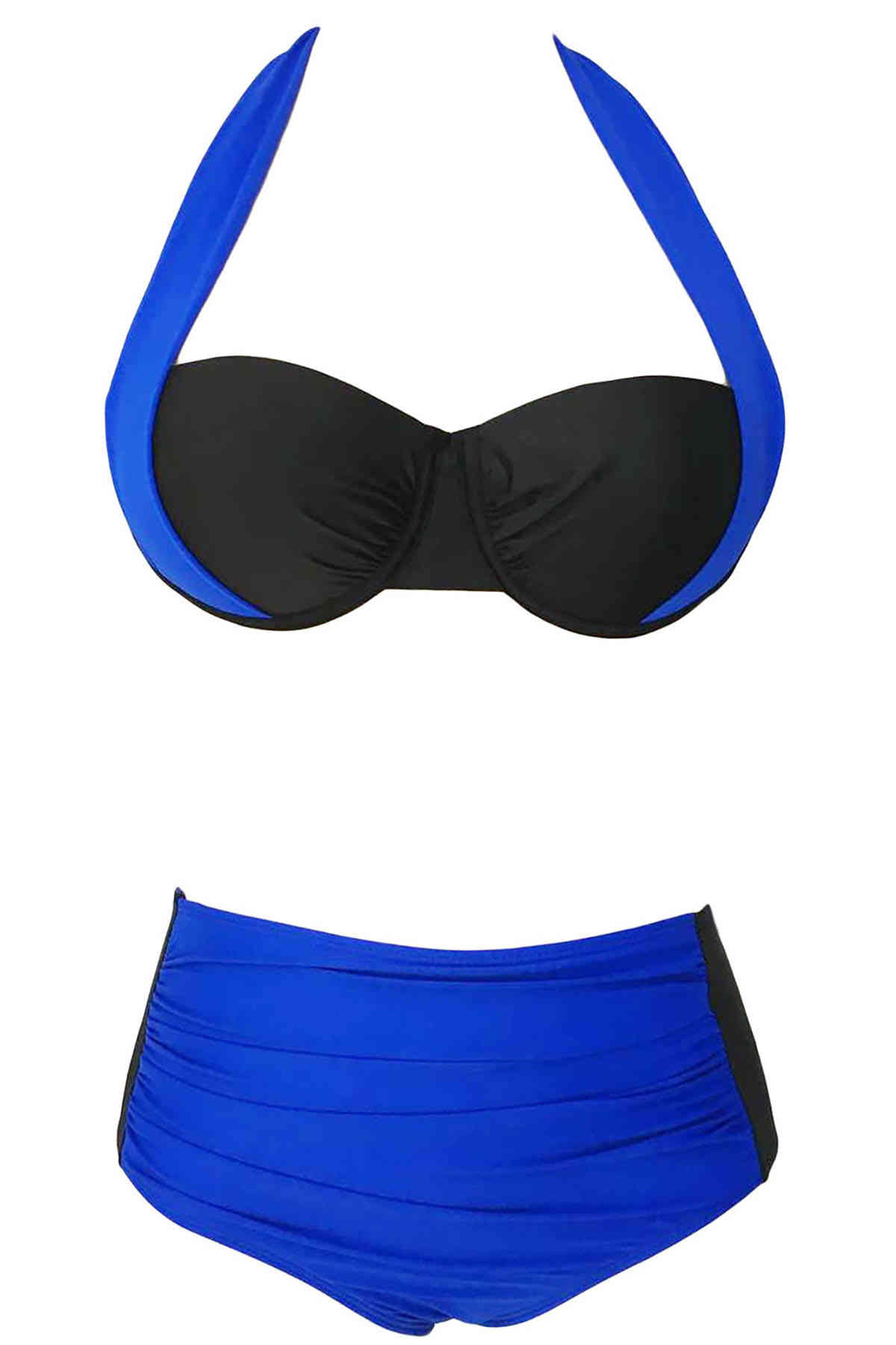 Angelsin Kaplı Mavi Siyah Şık Tasarımlı Yüksek Bel Bikini