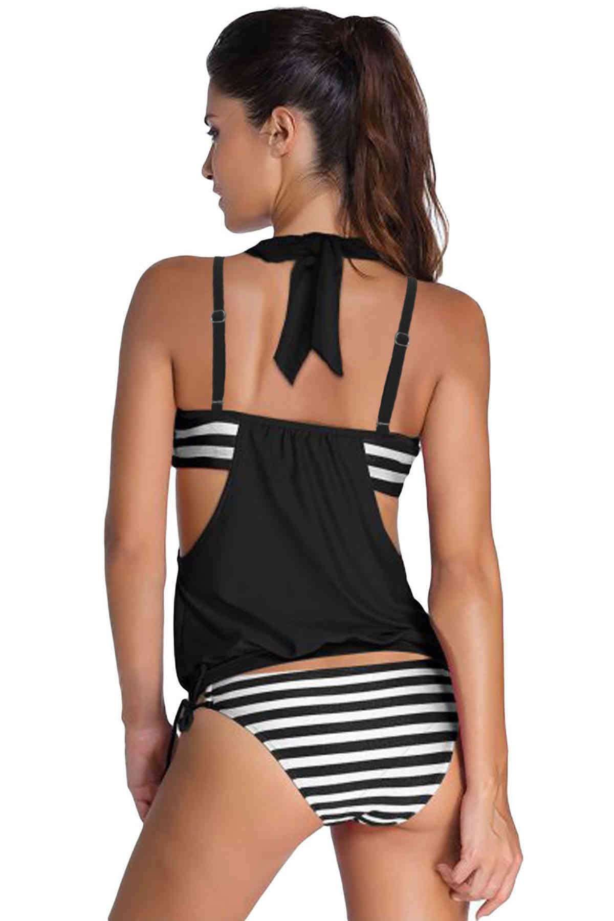 Angelsin Siyah Beyaz Cizgili Kaplı Tankini Bikini Takım