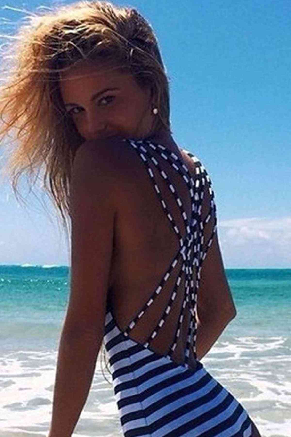 Angelsin Siyah Beyaz Cizgili Şık Mayokini