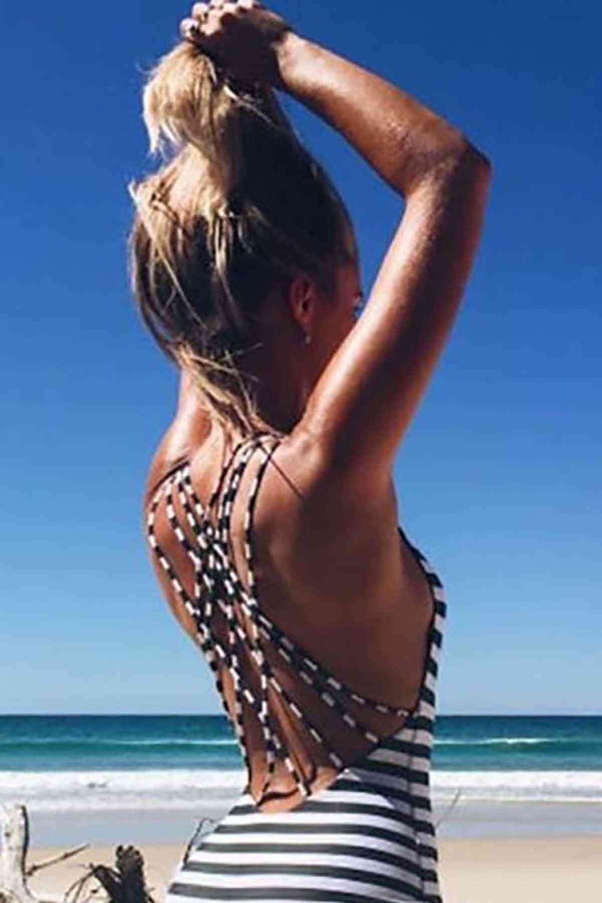 Angelsin Siyah Beyaz Cizgili Şık Mayokini