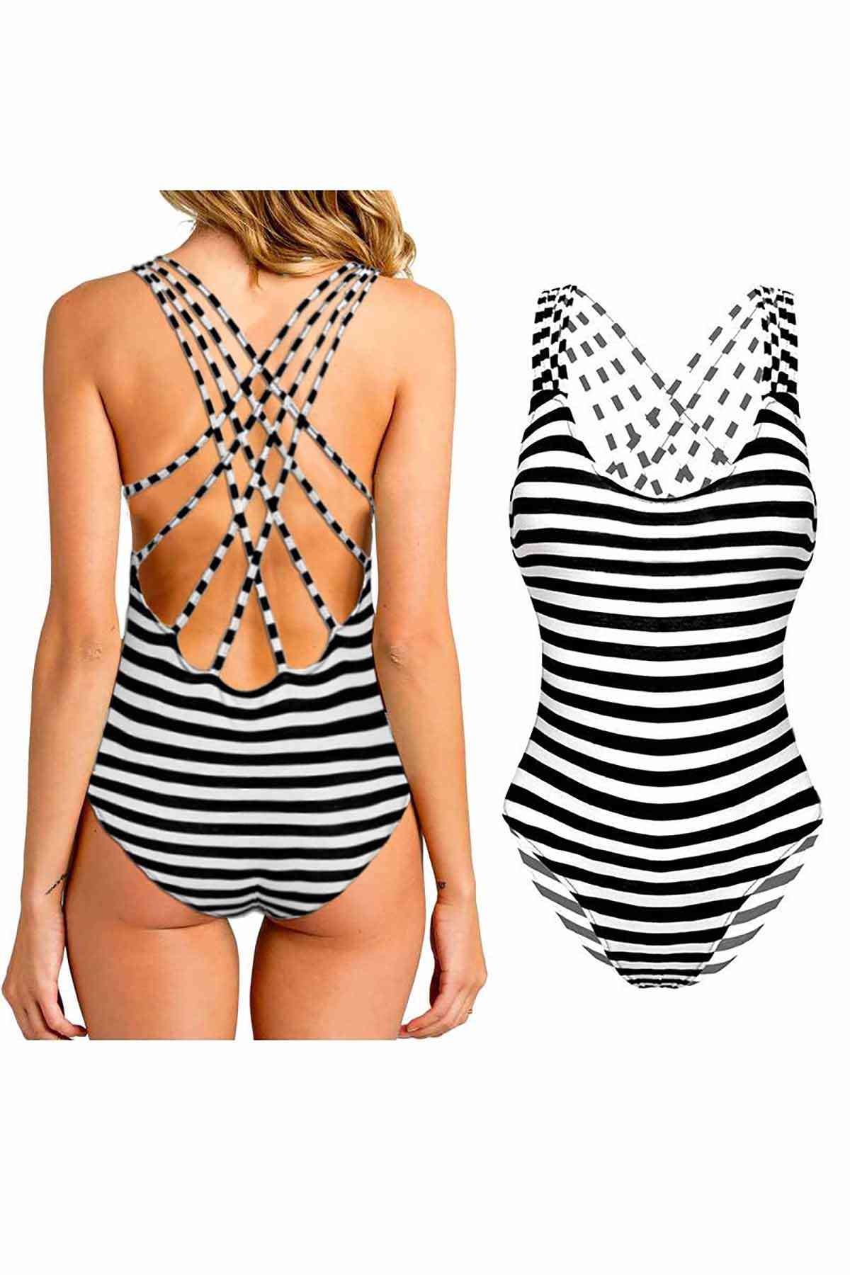 Angelsin Siyah Beyaz Cizgili Şık Mayokini