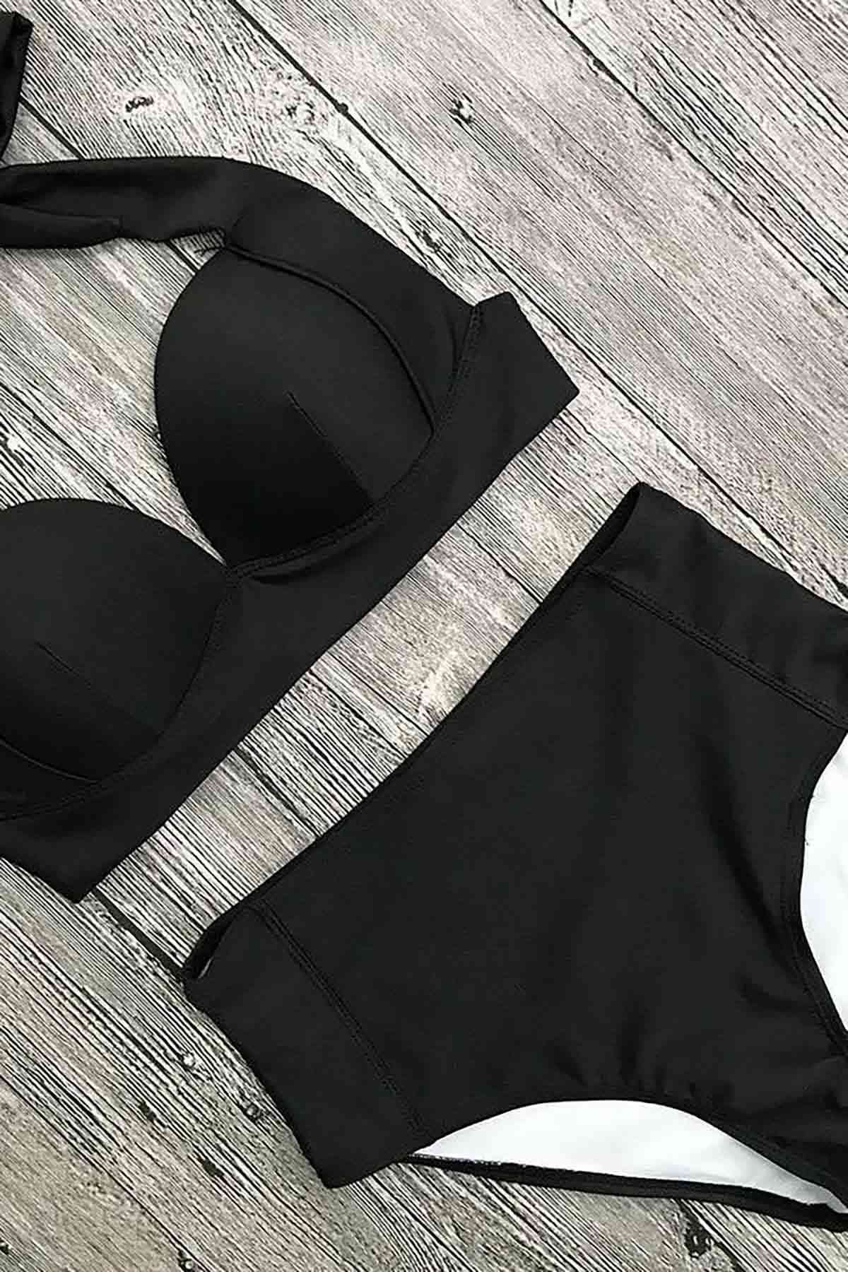 Angelsin Yüksek Bel Siyah Şık Bikini Takım