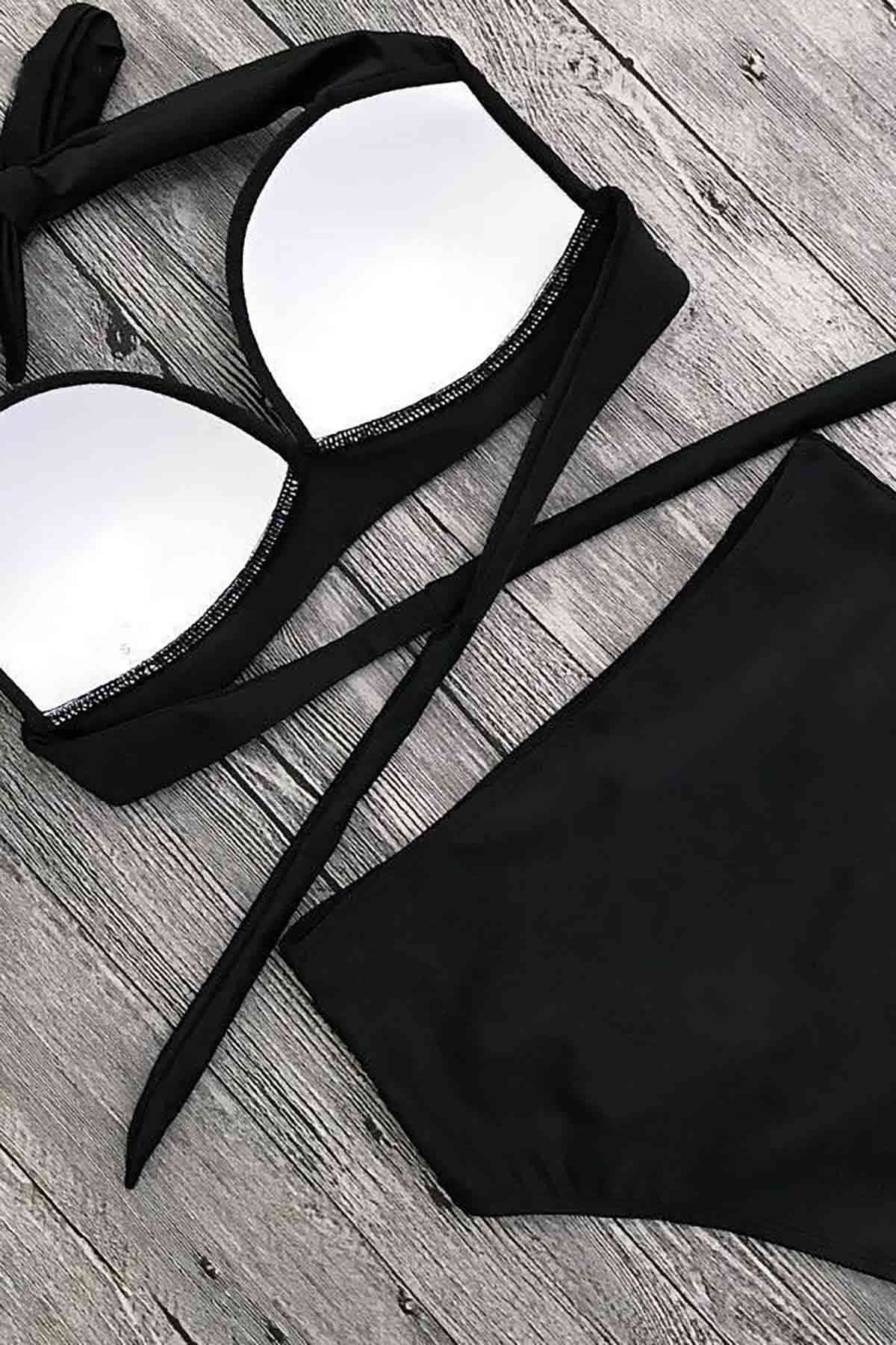 Angelsin Yüksek Bel Siyah Şık Bikini Takım