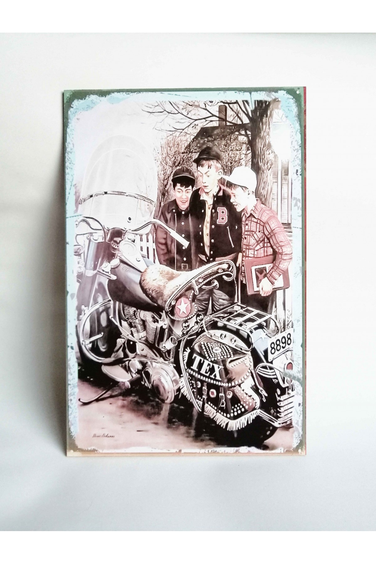 Retro Vintage Ahşap Poster Çocuklar ve Motorsiklet