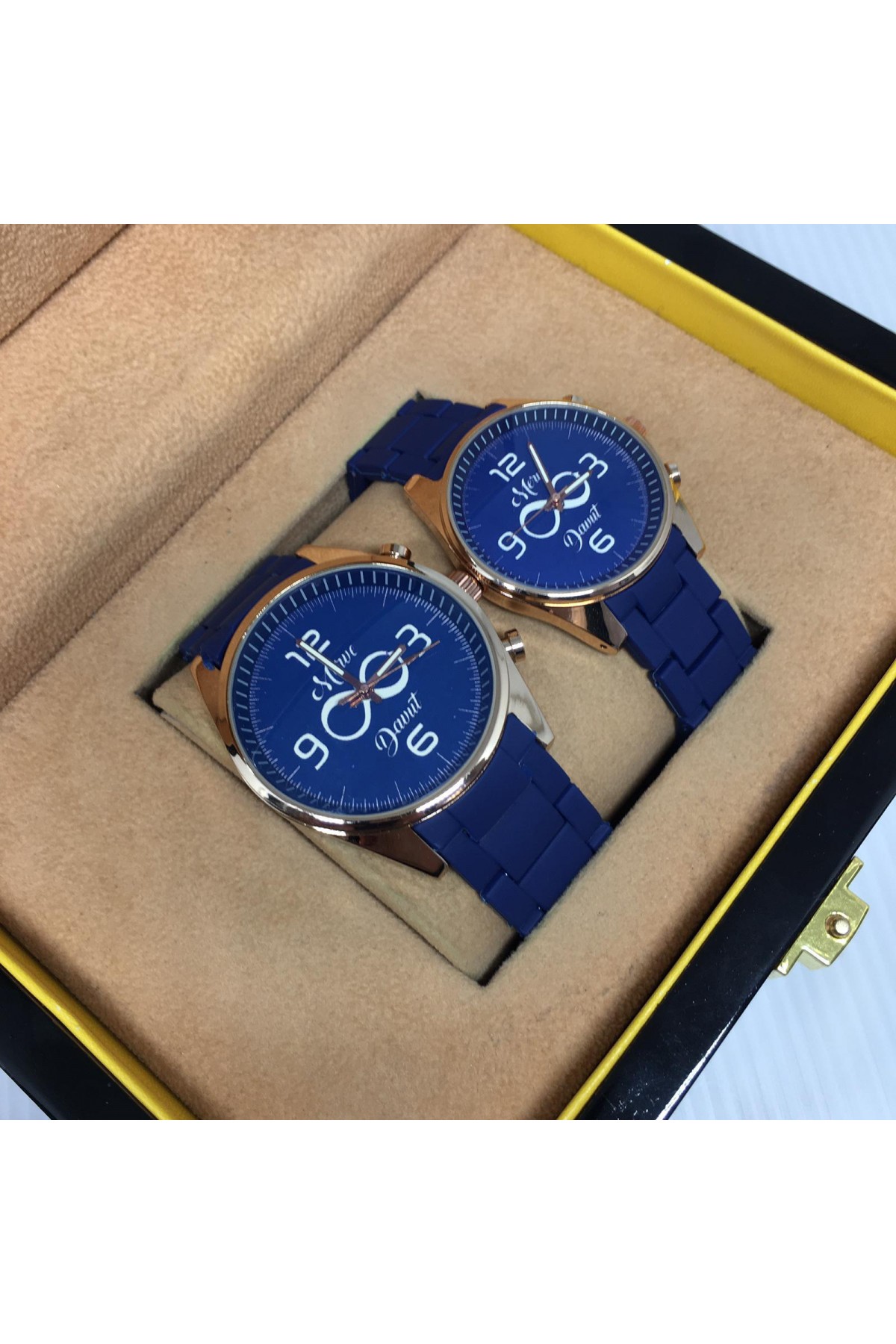Sevgili Kombin Saatler Silikon Kordonu Mavi Gold Çerçeveli