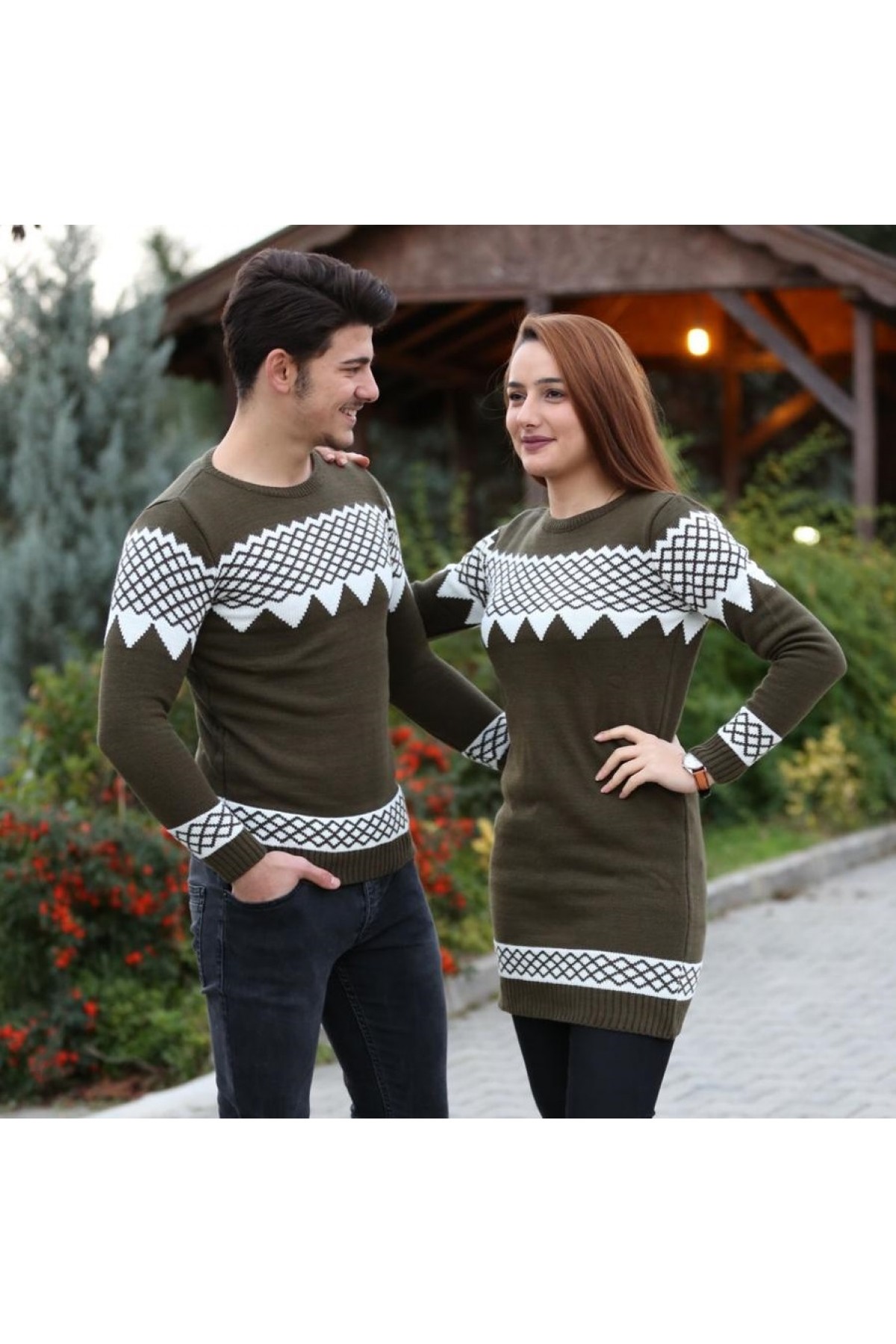 Sevgili Kombini Kadın Tunik Kazaklı Baklava Desenli Haki