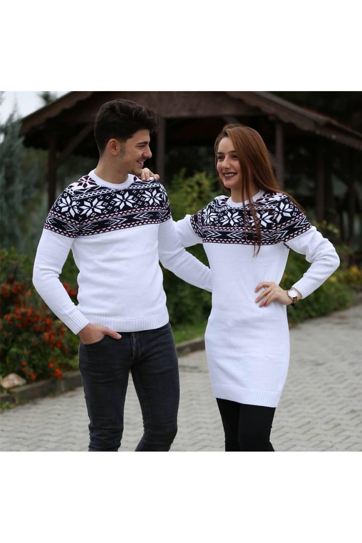 Sevgili Kombini Kadın Tunik Kazaklı Kar Desenli Beyaz