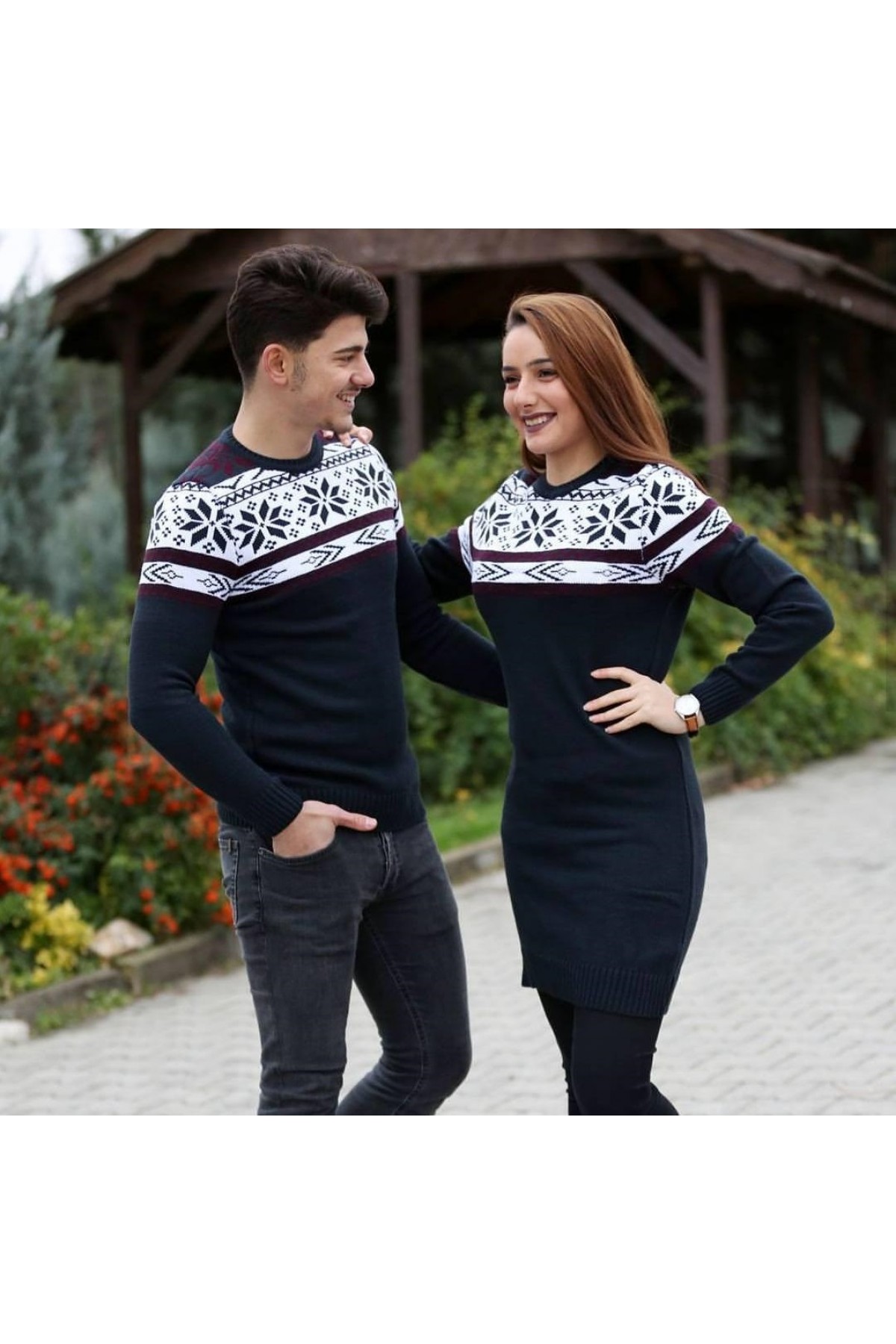 Sevgili Kombini Kadın Tunik Kazaklı Kar Desenli Lacivert