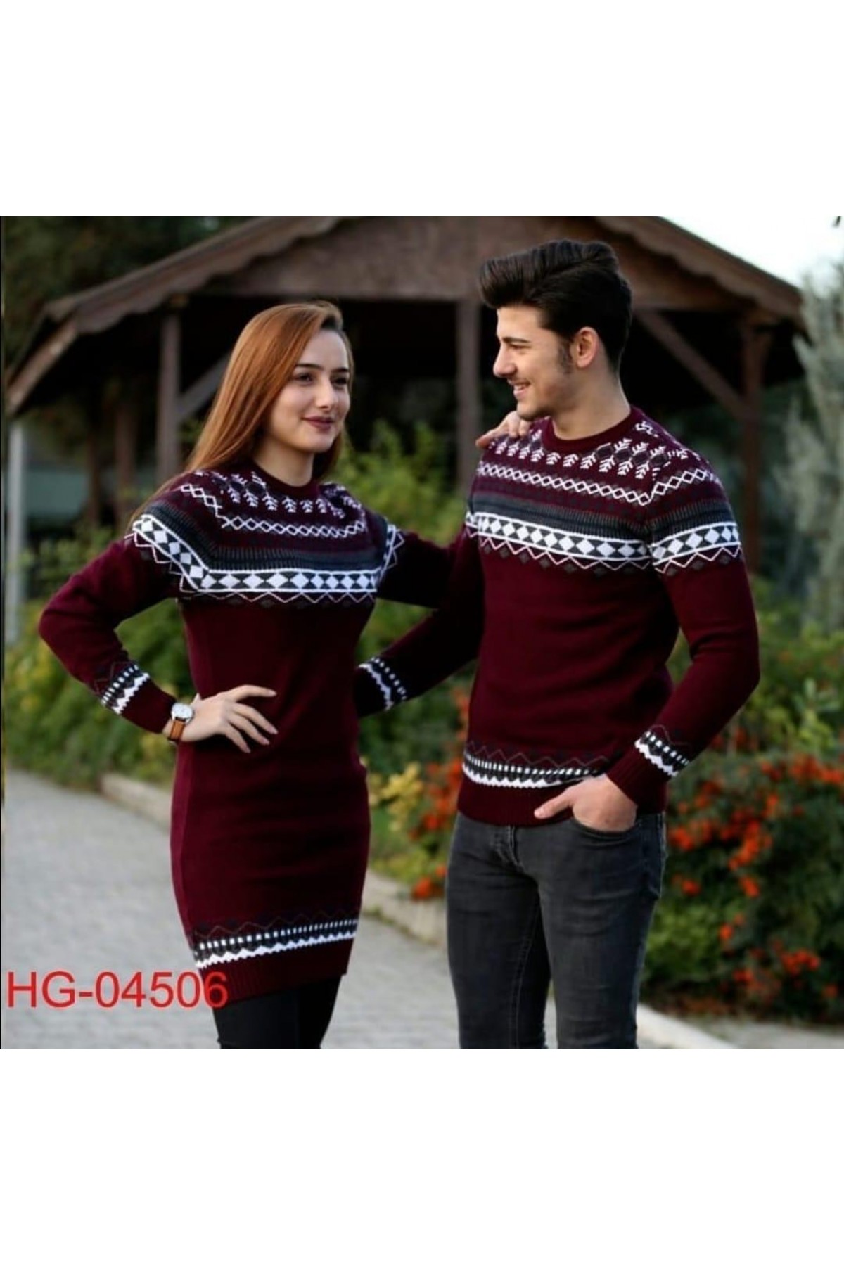 Sevgili Kombini Kadın Tunik Kazaklı Otantik Desenli Bordo