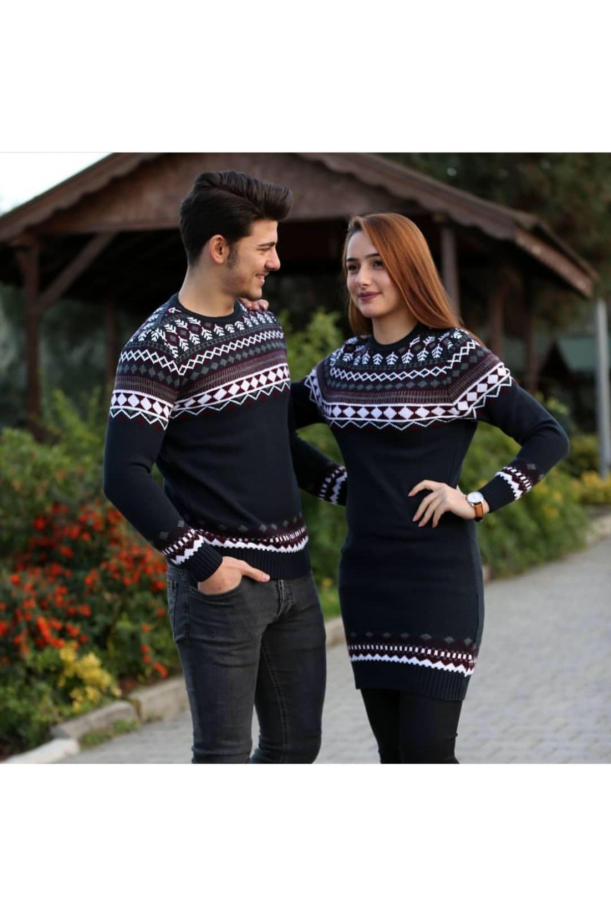 Sevgili Kombini Kadın Tunik Kazaklı Otantik Desenli Lacivert