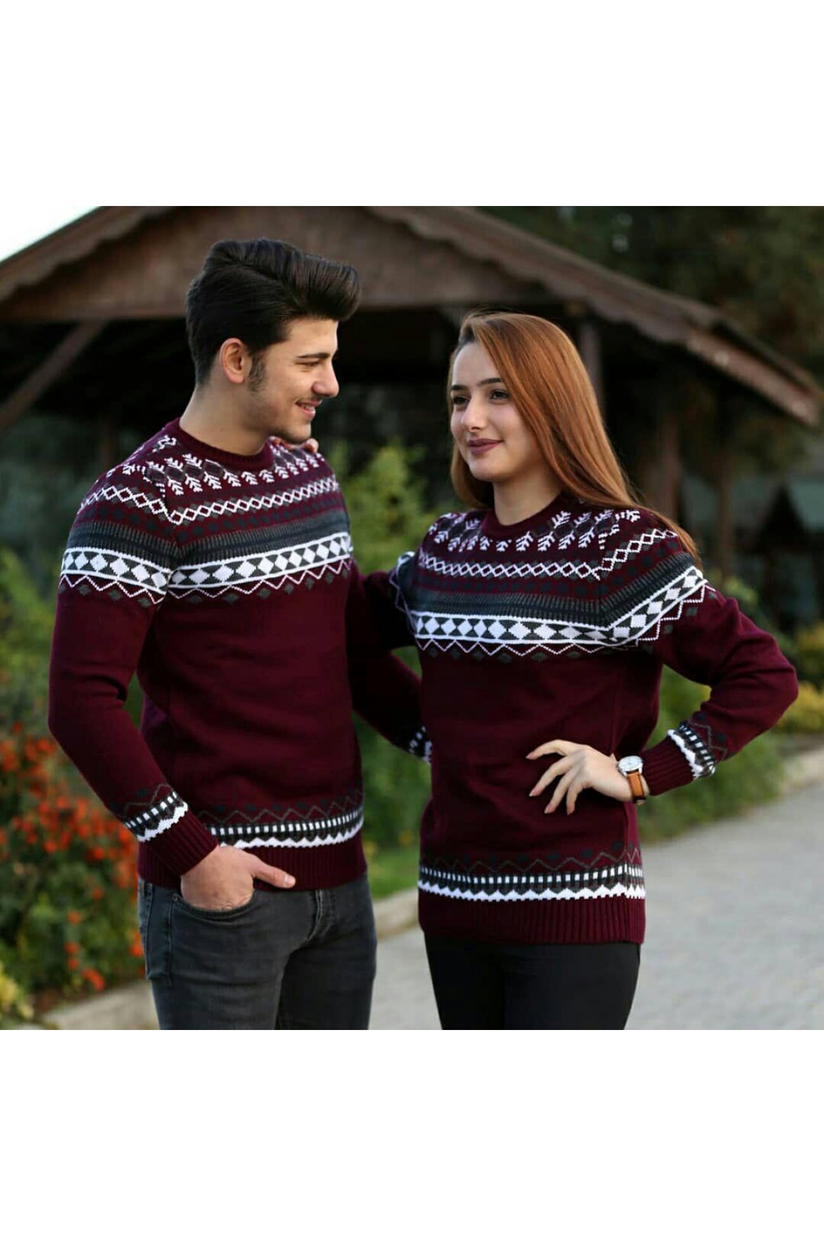 Sevgili Kombini Kazak Bisiklet Yaka Otantik Desenli Bordo