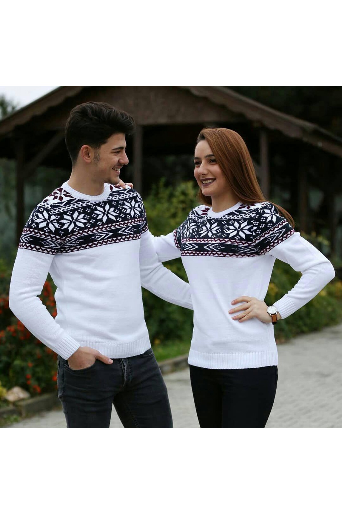 Sevgili Kombini Kazak Bisiklet Yaka Kar Desenli Beyaz