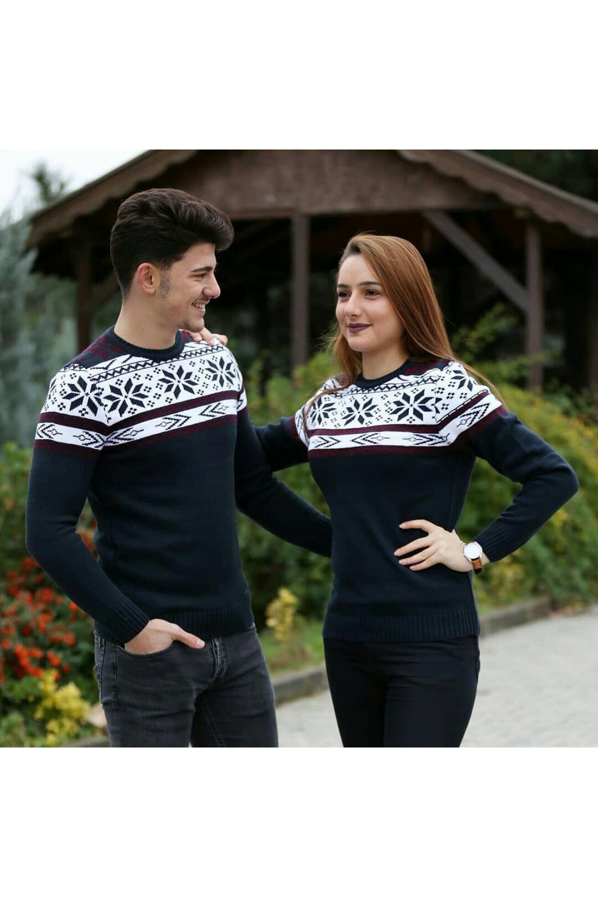 Sevgili Kombini Kazak Bisiklet Yaka Kar Desenli Lacivert