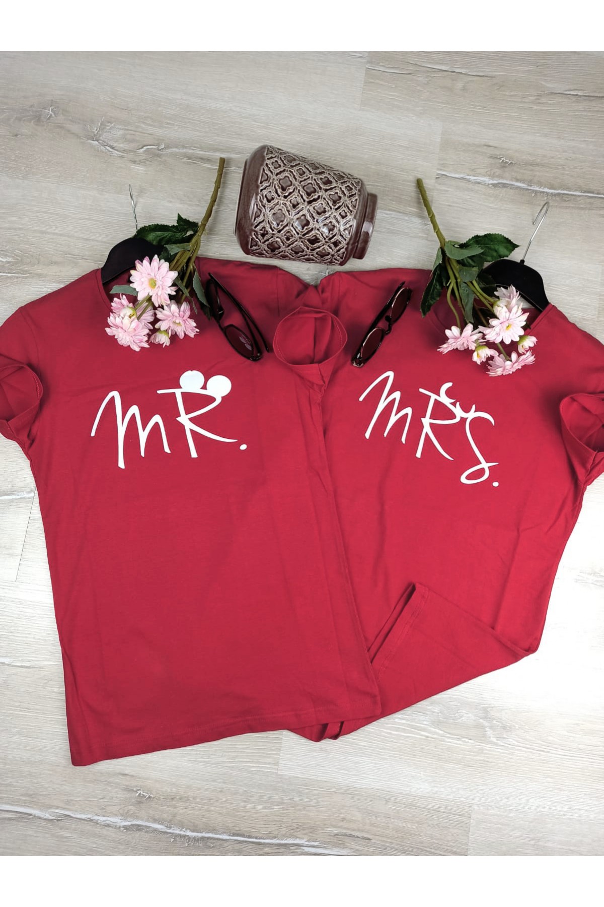 Sevgili Kombini Tişört Mr. Mrs. Baskılı Bordo