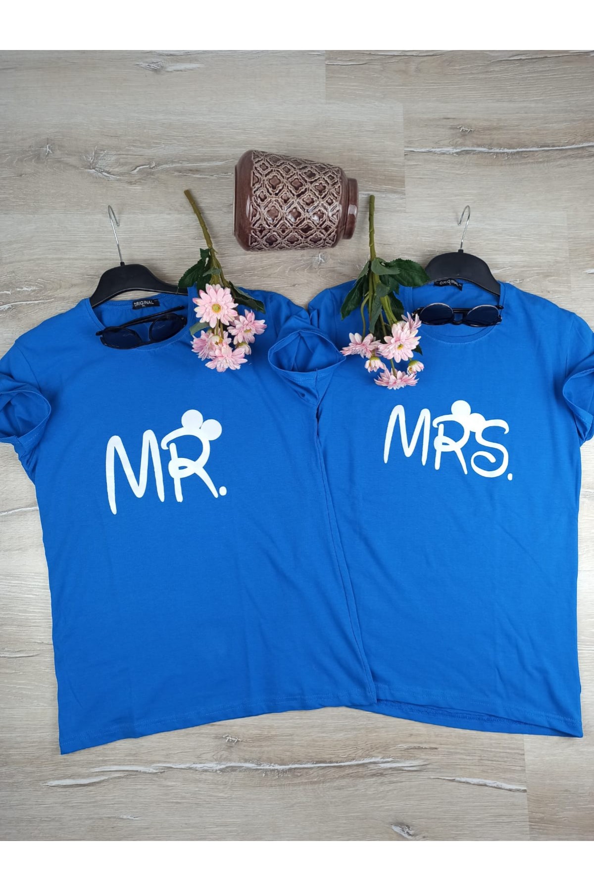 Sevgili Kombini Tişört Mr. Mrs. Baskılı Mavi